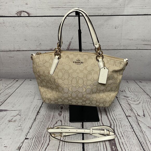 Coach Small Kelsey Satchel in‎ Outline Signature Jacquard Gold Khaki Chalk - Picture 1 of 15